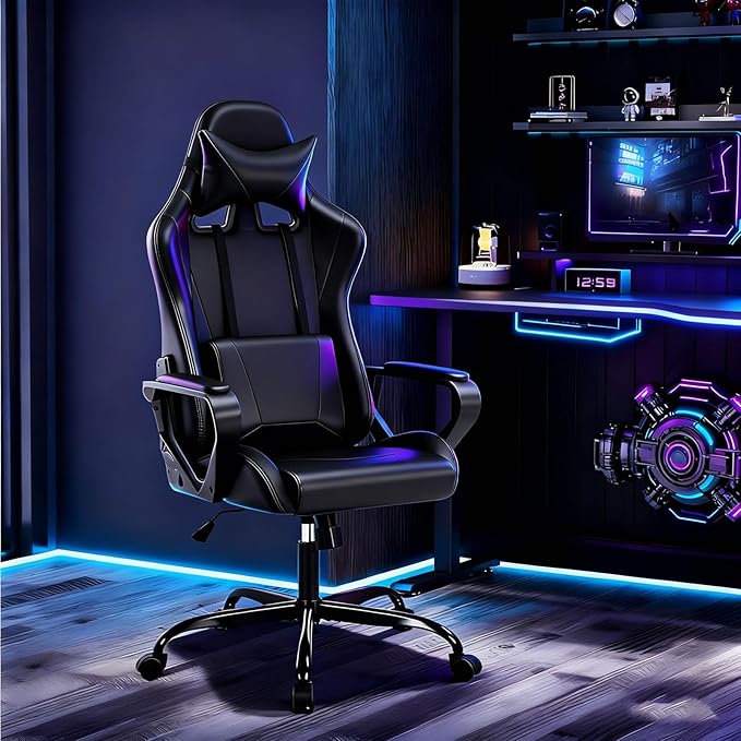 Black Gaming Chair | Ergonomic High Back Desk Chair Racing Style with Lumbar Support Headrest &amp Arms - Heavy Duty Swivel Computer Chair for Office