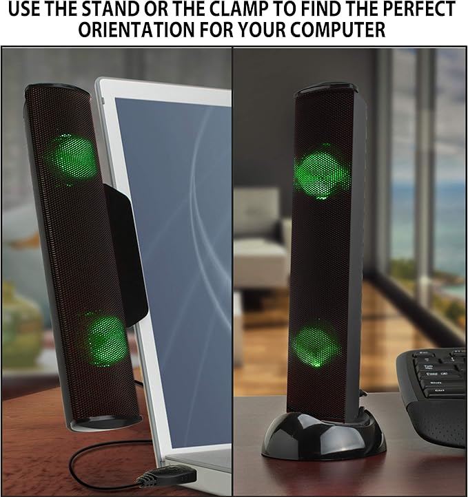 GOgroove SonaVERSE LED Speaker for Laptop Computer - USB Powered Clip-On Sound Bar with Mini Portable External Speaker Design for Monitor Back Switch for Power - Audio Input and Power (Green)
