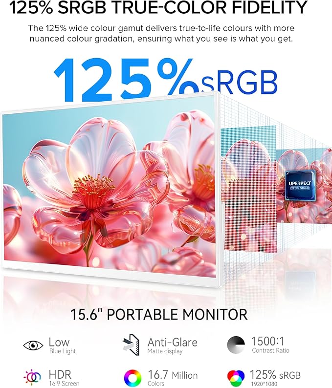 UPERFECT Portable Monitor 15.6 125% sRGB 1080P Laptop Monitor Ultra-Slim White Display USB-C &amp MINI HDMI 350 Nits VESA &amp Case Travel Small Second Screen for Computer Mini PC Game Cons