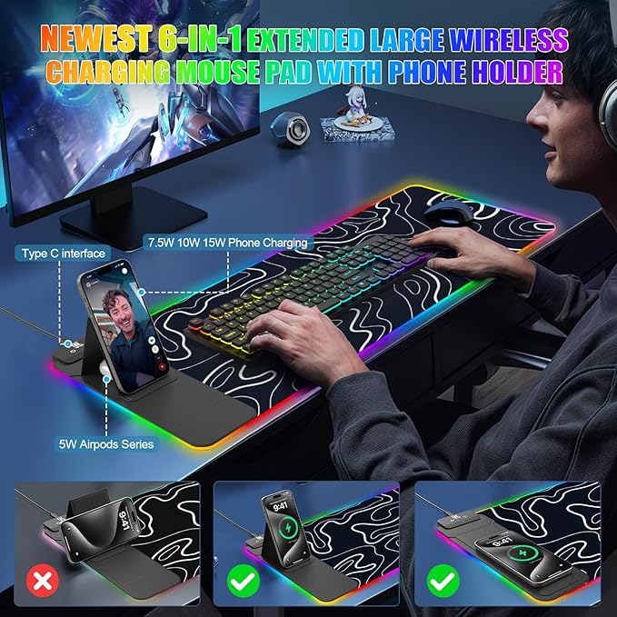 RGB Mouse Pad with Foldable Phone Stand &amp Wireless Charger 31.5x11.8 XL Gaming Mousepad Large Desk Mat Desk Pad with Dual Charging for Phone &amp AirPods | 11 Colors &amp 5 Modes | Waterproo