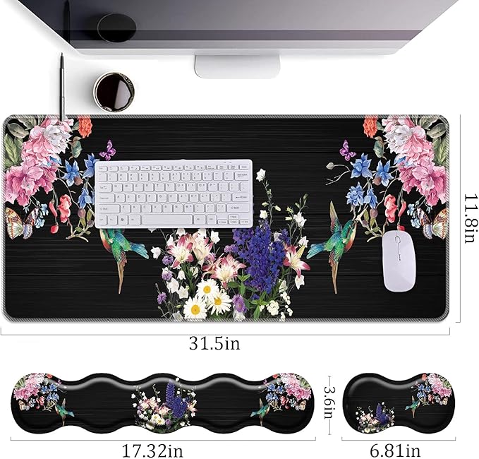 Keyboard Wrist Rest+Mouse Wrist Pad+Desk Pad SetMemory Foam Ergonomic Easy Typing Pain Relief for Computer Laptop Office Home - Hummingbird and Flower