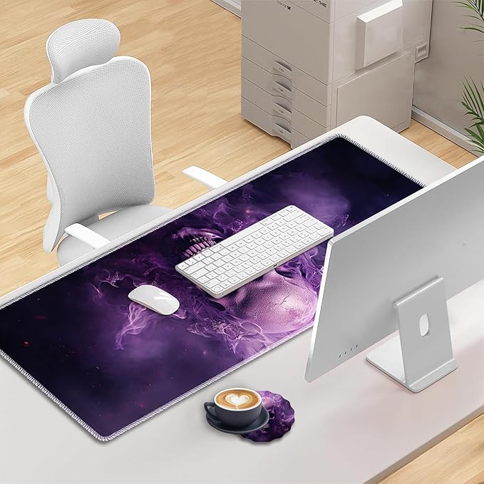 Mouse Pad Set Large Gaming Mouse Pad (31.5X 11.8 inches)+ Wrist Rest Pad + Coaster Ergonomic Wrist pad Home Office Desk Accessories Decor Supplies Smoke Skull