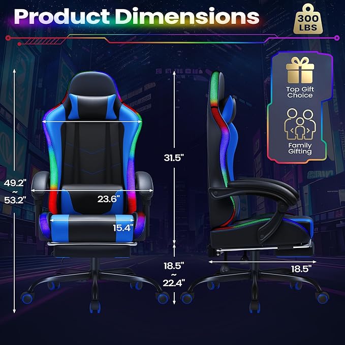 Homall Gaming Chair Video Game Chair with Footrest and Massage Lumbar Support Ergonomic Computer Chair Height Adjustable with Swivel Seat and Headrest (RGB Blue)