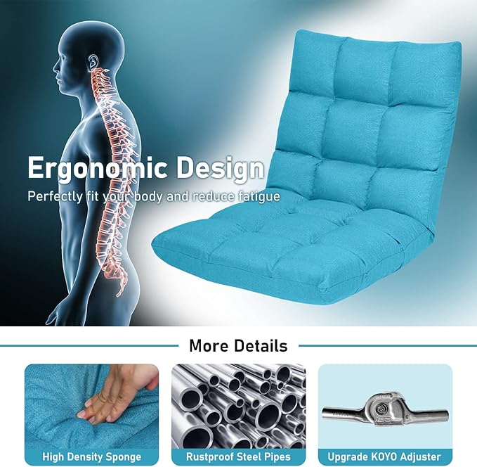 MAT EXPERT 14-Position Floor Chair Floor Gaming Chair w/Resilience Sponge Alloy Steel Frame Padded Bed Couch Recliner Floor Chair with Back Support for Reading Meditating (Peacock Blue)