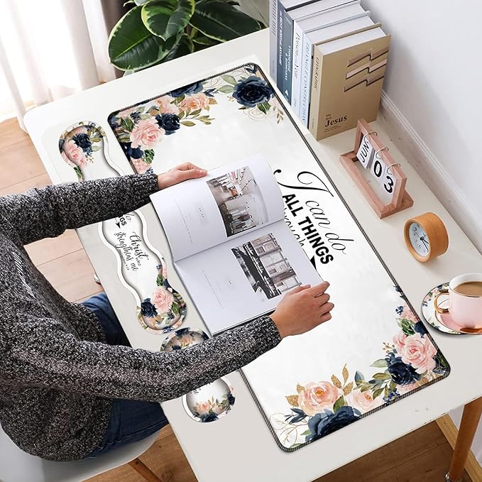 4 in 1 Mouse Pad Combo Large Gaming Mouse Pad + Keyboard Wrist Support + Mouse Wrist Rest + Coaster Table Pad with Stitched Edge Memory Foam Ergonomic Wrist Pad Set Bible Phil 4-13 Floral