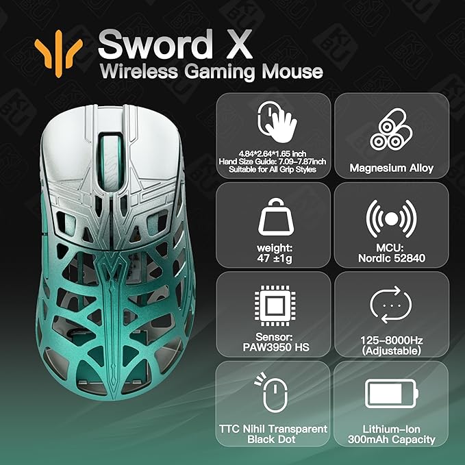KEEBMONKEY WLMOUSE Sword X Lightweight Magnesium Alloy Wireless Gaming Mouse - 8KHz Polling Rate PAW3950 HS Sensor 50-30000 DPI OM &amp TTC Switches (TTC Nihil Transparent Black Dot Silver&ampGr