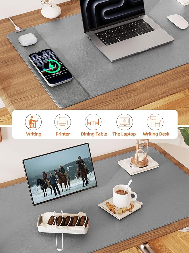TopMade Mouse Pad with 15W Wireless Charging XXL Large Leather Desk Mat Waterproof Gaming Mousepad Home Office Desk Pad Protector Computer Keyboard Pad Mouse Mat for MacBook PC Laptop Gray