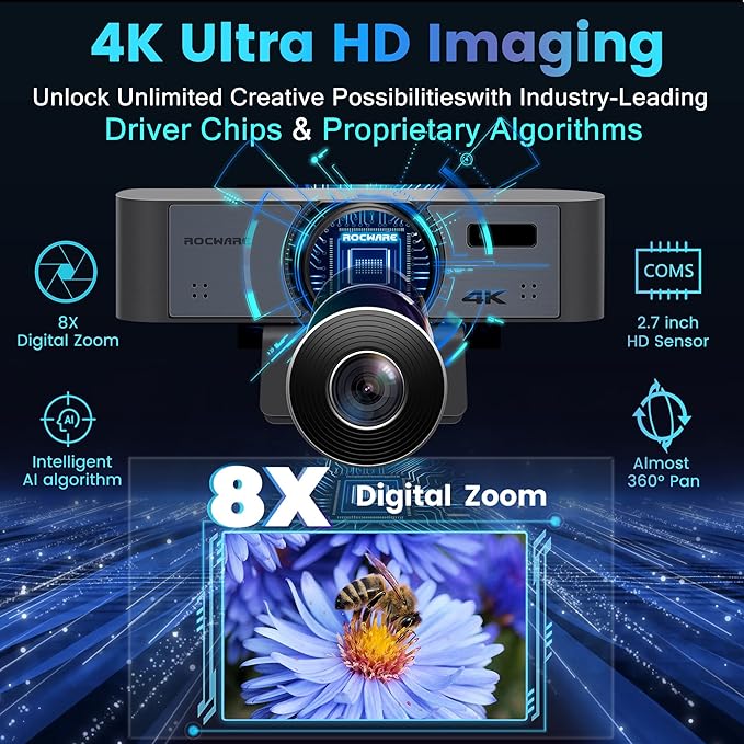 ROCWARE 4K Webcam with Remote RC16 Computer Camera with Microphone1080p 60fps FHDAI TrackingPrivacy Cover WDR110°FOV8X Digital ZoomStreaming Camera for PC/Meeting/Teaching/Zoom