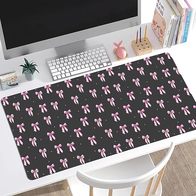 Idocolors Pink Bow Desk Mat Cute Extended Gaming Keyboard Mouse Pad Large Office Desk Cover Mat Pad Deskmat Non-Slip Leather Home Office Desk Mat Protector 31.5×15.7