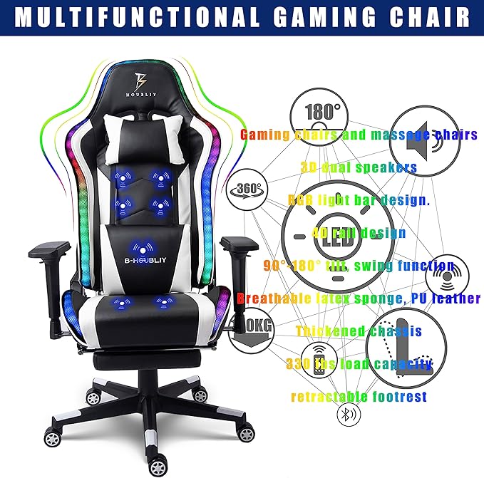 TBQATNTS Gaming Chair with Massage and SpeakersErgonomic Video Gaming Chair with Footrest and Lumbar SupportRGB Racing Gaming Chair Computer Chair for Adults and Teens 400lb.White
