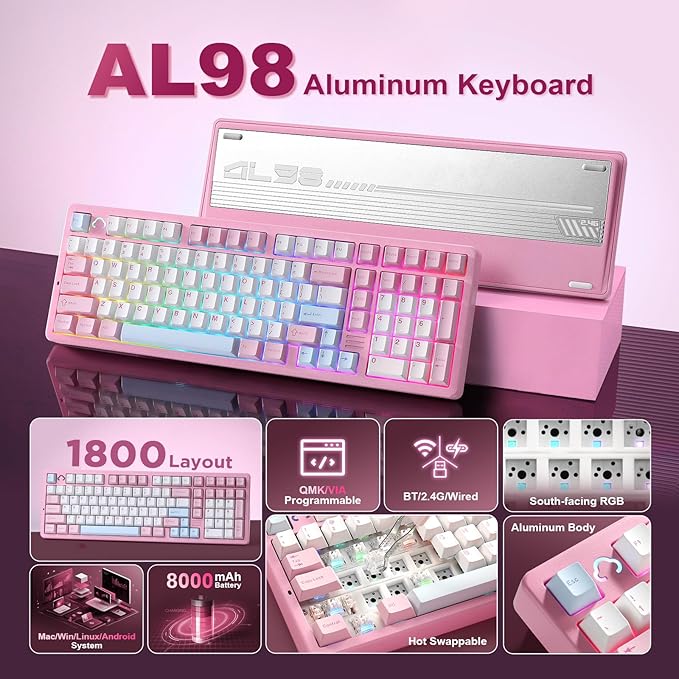YUNZII AL98 QMK/VIA Wireless Mechanical Gaming KeyboardFull AluminumBT/2.4G/USB-C Pre-Lubed Hot Swappable Gasket Mount 1800 LayoutRGB Backlit for Win/Mac (Pink Cocoa Cream V2 Switch)