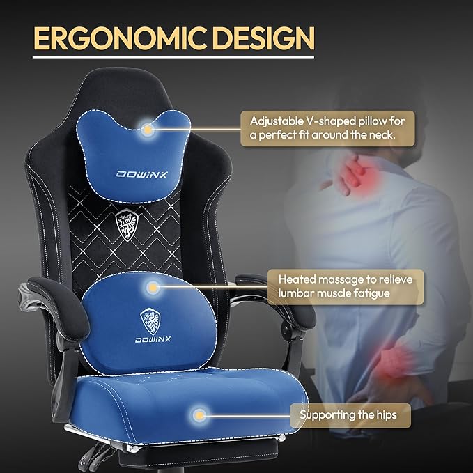 Dowinx Gaming Chair with Heated Massage Lumbar SupportBig and Tall Fabric Gaming Chairs for Adults with Footrest Ergonomic Computer Game Chair with Poket Spring Cushions 350lbs Black and White