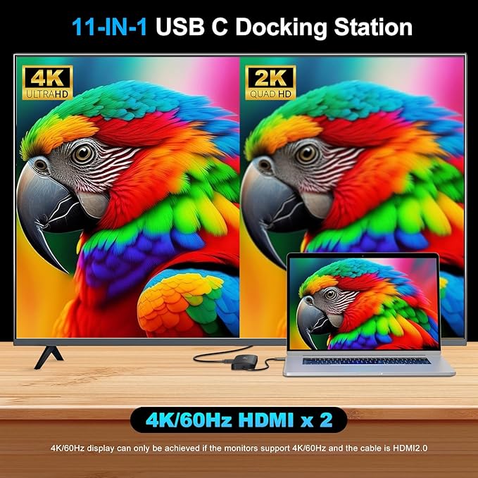 Laptop Docking Station Dual Monitor 2 HDMI 11-in-1 USB C 4K/60Hz Dual Display Dock1Gbps Ethernet 100W USB C PD Port 5 USB A/C Ports SD/TF Card Slot for Dell HP Lenovo Surface(Black)