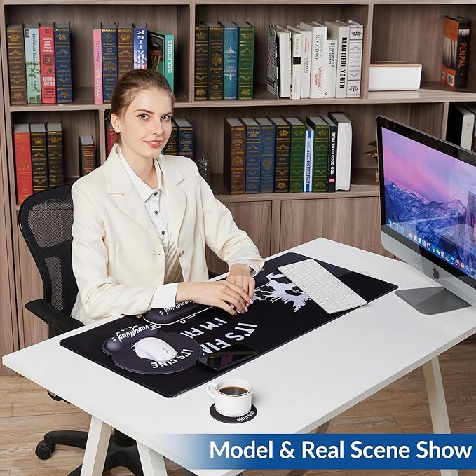 Desk Mat Set + Keyboard and Mouse Pad with Wrist Rest Support4-in-1 Large Mousepad Computer Mats for Desktop Home &amp Office-It's fine I'm fine Everything is fine