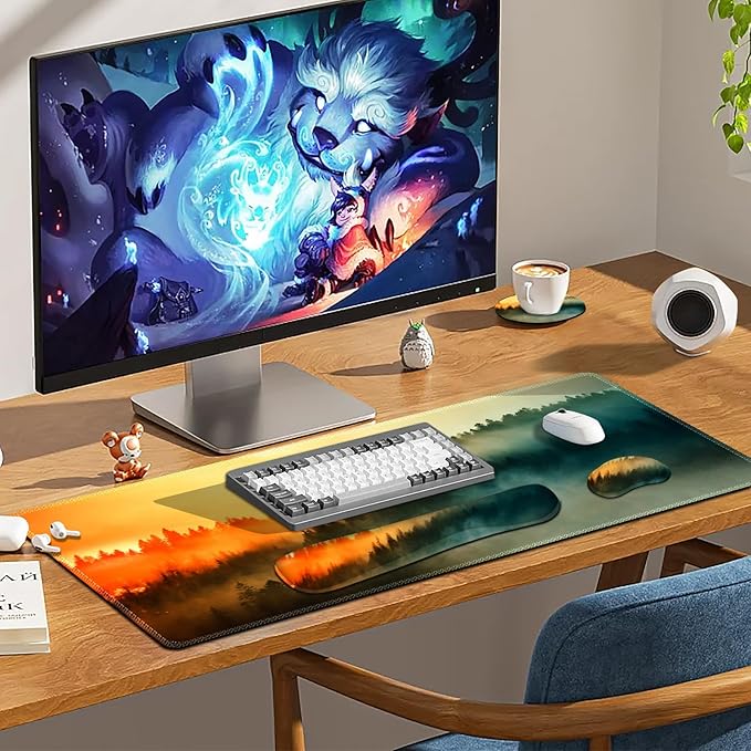 Keyboard Mouse Pad Set Extended Gaming Mouse Pad +Keyboard Wrist Support +Mouse Wrist Rest +Coaster 35.4x15.7 in XXL Large Ergonomic Desk Mat 4in1 Set for Home Office Sunset Misty Forest