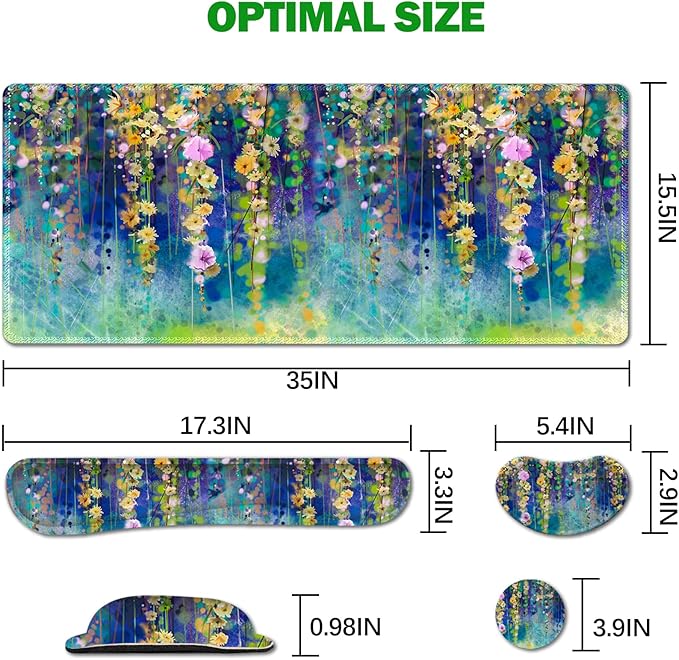 ARTSO Large Gaming Mouse Pad Set Keyboard Wrist Rest Support + Mouse Wrist Cushion + Extended Mousepad + Coaster 35x15.5in Multifunctional Desk Mat 4pcs Oil Painting Flowers