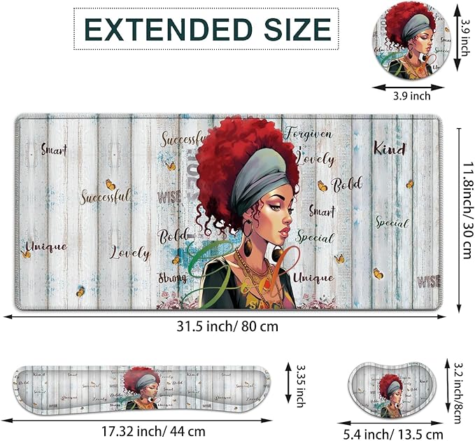 JVGFYNKL Large Gaming Mouse Pad Set Ergonomic Memory Foam Keyboard Wrist Rest Support + Mouse Wrist Rest + Extended Desk Mat with Non-Slip Rubber Base Cartoon African Girl Pattern Desk Pad