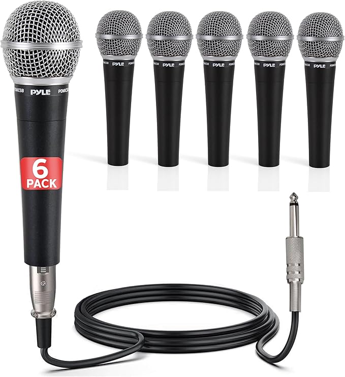 Pyle Professional Dynamic Microphone - 6-Pack Unidirectional Handheld Mic with Built-in Pop Filter High Signal Output 15 ft. XLR Audio Cable Ideal for Stage Karaoke &amp Studio Performances