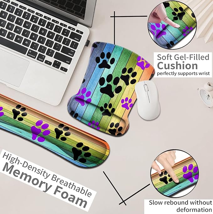 Mouse Pad with Wrist Support Memory Foam Keyboard Wrist Rest Rustic Rainbow Woodgrain Black and Purple Dog Paw Personality Desings Gaming Mousepad Office Easy Typing Games to Relieve Fatigue Non-Slip