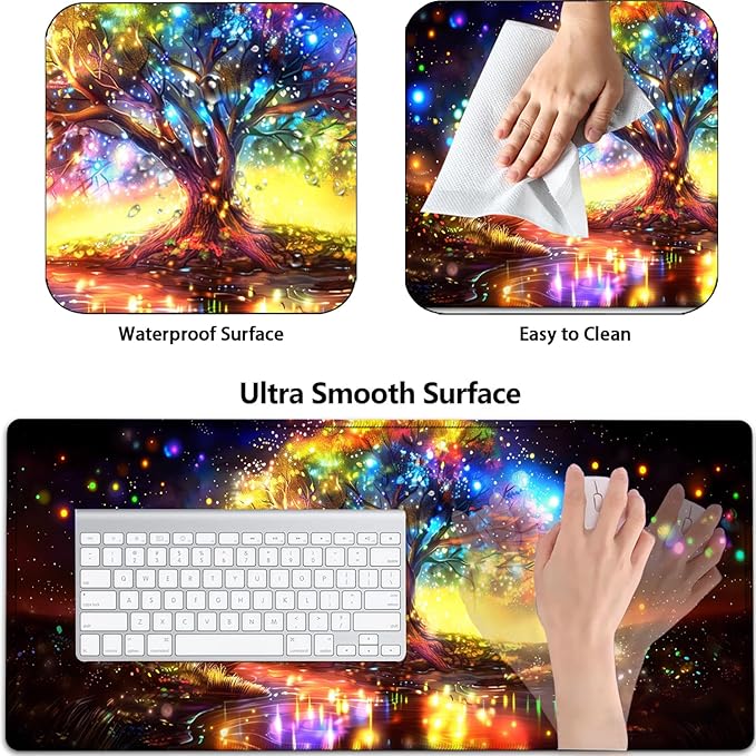 Large Gaming Mouse Pad+ Keyboard Wrist Rest Set Ergonomics Memory Foam Mouse Mat Wrist Rest Support for Home Office Waterproof Extended Mousepad 31.5x11.8in Colorful Tree of Life Desk Pad