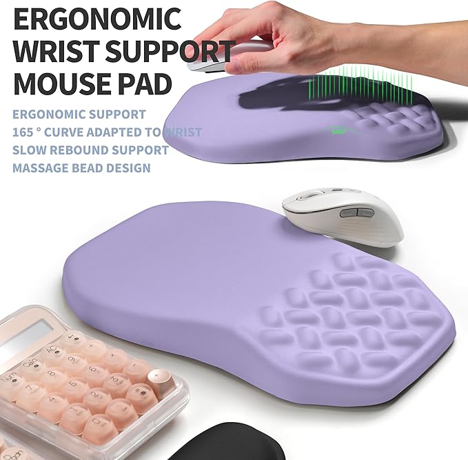 2-in-1 Ergonomic Set Wave Keyboard Wrist Rest and Massage Slope Mouse Pad Wrist Support Rebound Memory Foam for Relieve Carpal Tunnel Syndrome and Wrist Pain (Lavender Purple)