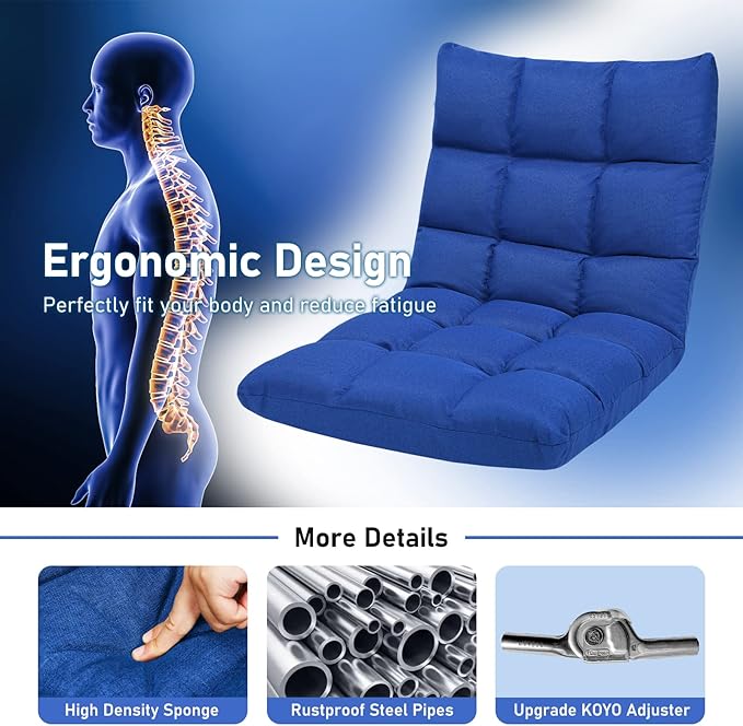 MAT EXPERT 14-Position Floor Chair Floor Gaming Chair w/Resilience Sponge Alloy Steel Frame Padded Bed Couch Recliner Floor Chair with Back Support for Reading Meditating (Blue)