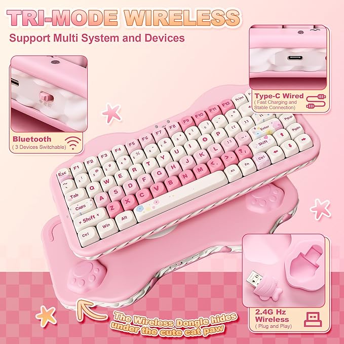 YUNZII C75 Wireless Mechanical Keyboard75% Layout Hot-Swappable NKROBT5.0/2.4G/USB-C ModeDye-Sub PBT MOA KeycapsRGB Gasket MountCute Cake Design for Mac/Win/Gaming (Pink Milk V2 Switch)