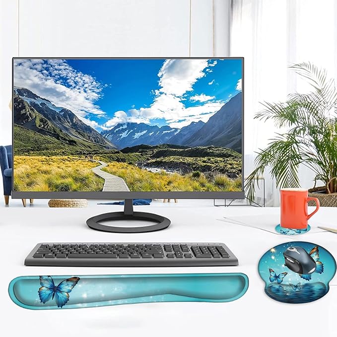 Mouse Pad Wrist Support and Keyboard Wrist Rest with CoasterNon-Slip Rubber Base Ergonomic Gaming Mousepad for Home Office Working Studying Easy Typing &amp Pain ReliefBlue Magic Butterfly Over Wat