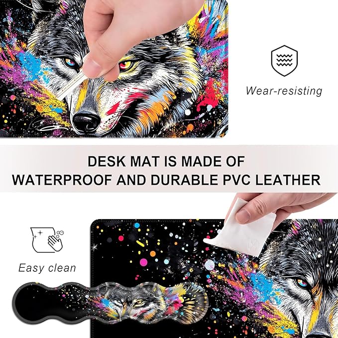 Mouse PadLarge Desk Mat Set 4in1 XL Mousepad + Keyboard Wrist Rest+Mouse Wrist Rest+Coaster with Ergonomic Desk Pad for Home Office Table Computer Cover -Colorful Splatter Wolf