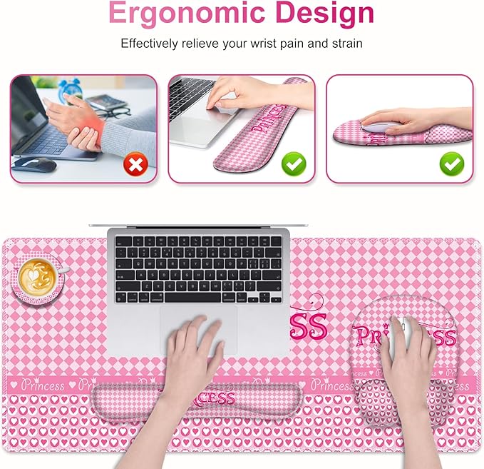 Mouse Pad with Wrist Support 4 in1 Set XXL Big Game Mousepad + Keyboard Wrist Rest + Mouse Wrist Rest Pad +Coaster Gaming Mat for Home Office Work Computer Laptop I Pink Checkered Princess Girl