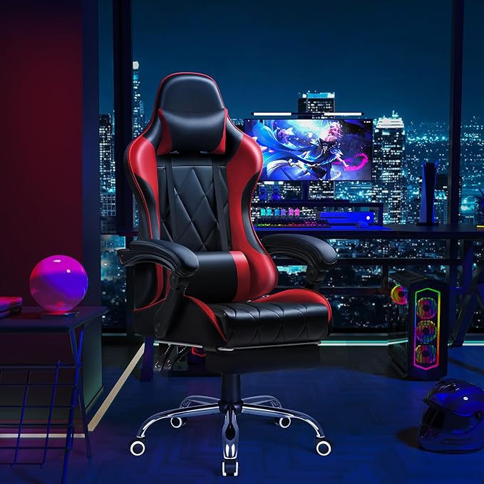 Shahoo Gaming Chair with Footrest and Massage Lumbar Support Computer Game Chairs Ergonomic Office Seat Height Adjustable with Headrest Red