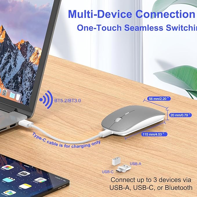 Bluetooth Wireless Mouse for MacBook Air Mac Pro iPad Laptop Computer Pad Optical Rechargeable Slim Silent Dual Mode (2.4G USB-C/USB-A&ampBluetooth 5.2/3.0) Mouse Jiggler for Computer Awakening(Grey)