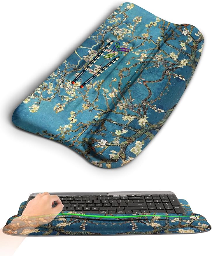 Ergonomic Wave Wrist Rest with Keyboard Stand Cushioned Palm Rest Comfortable Integrated Memory Foam for Natural Typing and Relieve Wrist Pain Van Gogh Apricot Blossom