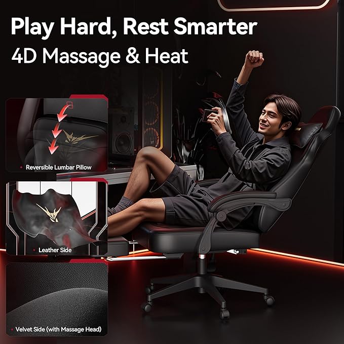Gaming Chair Ergonomic Computer Chair with Lumbar Massage &amp Heat Video Game Chair with Silent Casters 3D Adjustable Backrest Thickened Seat PU Leather Hidden Footrest (63-77in)