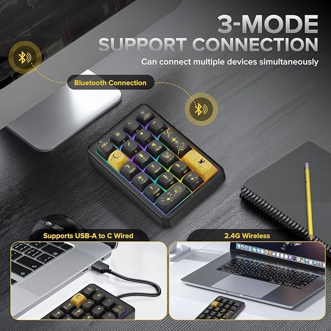 NumberPad21Keys HotSwappable NumpadBluetooth5.0/2.4G/Type-C Wireless Numeric KeypadRechargeable Number keypadRGB Gasket Structure Mechanical Keyboard with PBT Keycap for PC Laptop Notebook (Black)