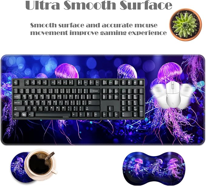 Ergonomic Keyboard Wrist Rest &amp Mouse Pad Wrist Rest SetXL Gaming Desk Mat 31.5x 11.8Non-Slip BaseMemory FoamEasy Typing Pain Relief for Office &amp HomeNeon Purple Jellyfish