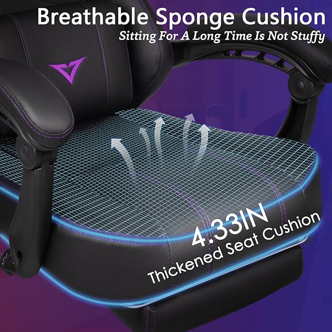 Waleaf Big and Tall Gaming Chair for Adults with Footrest 400lbs Weight Capacity Video Game Chairs for Office Ergonomic Computer Gaming Chair with Lumbar Support and Headrest (Purple)