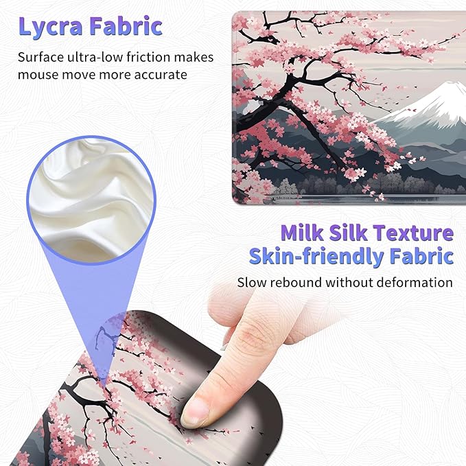 Large Mouse Pad Set Desk Mat + Elbow Rest Pad + Coaster Easy Typing Pain Relief Ergonomic Arm Rest Pad with Memory Foam Extended Desk Pad Anti-Slip Rubber Base for Home Cherry Blossom Mount Fuji
