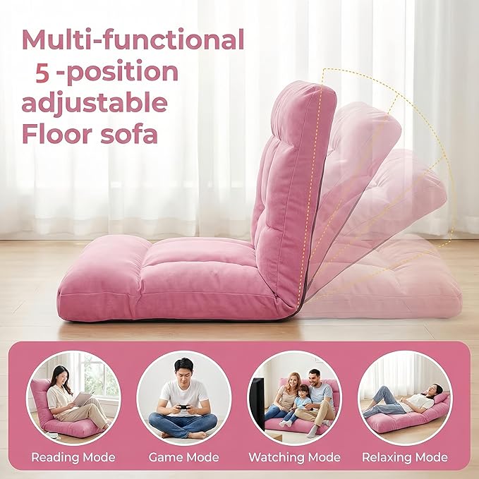 Folding Floor Chair with Back Support 5 Adjustable Position Padded Sleeper Bed Couch Recliner Gaming Floor Chairs for Adults Meditation Living Room