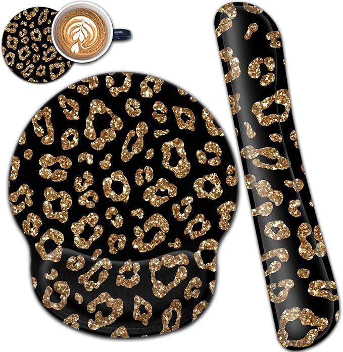 Ergonomic Mouse Pad Gel Wrist Support and Memory Foam Keyboard Wrist Rest Set for Gaming Computer Office Laptop Easy Typing Wireless Mouse Mat Gold Glitter Leopard Black Office Desk Pad