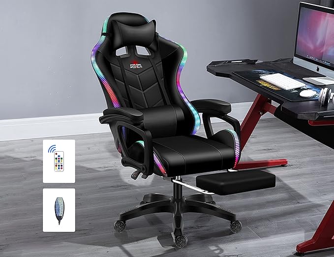 Ergonomic Pro Gaming Chair with LED Lights and Speakers Video Game Chair with Massage and Footrest High Back Computer Chair with Lumbar Support and Headrest Adjustable Height for Adult Teens.Bla