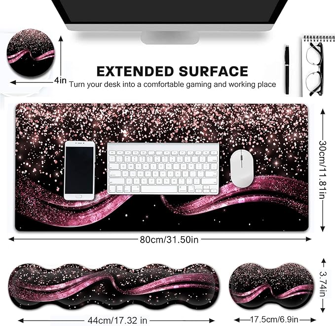 Extended Gaming Mouse Pad 31.5x11.8 Big Desk Mat Ergonomic Memory Foam Keyboard Wrist Rest Support for Home Laptop Working Office Desk Pad with Non-Slip BaseRose Gold Sparkle Large Mouse Pad
