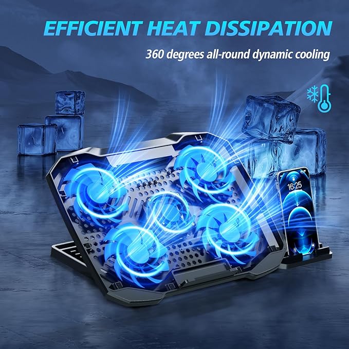 Laptop Cooling PadLaptop Fan Cooler with 5 Quiet Fans for 12-15.6 InchLaptop Cooling Stand with 5 Height Adjustable2 USB Ports Phone Stand (Black &amp Silver)