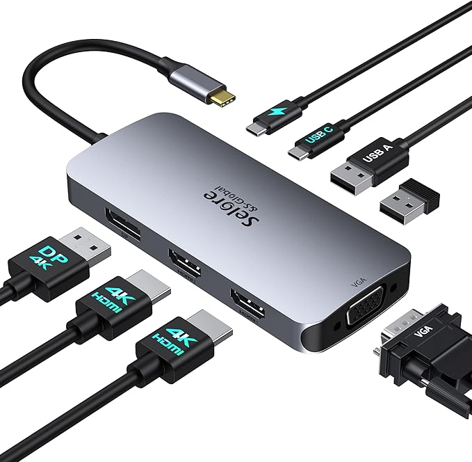 USB C Docking Station Dual HDMI Monitor Adapter Selore USB C Hub 3 Monitors with Dual HDMI Displayport VGA 100W PD Charging 3USB 2.0 Ports Adapter for Dell XPS HP Lenovo etc