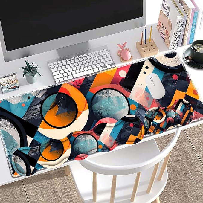 Large Gaming Mouse Pad + Keyboard Wrist Rest + Wrist Support + Coaster Set Memory Foam Ergonomic for Easy Typing XXL Extended Gaming Mouse Pad Table Pad - Abstract Geometric Pattern