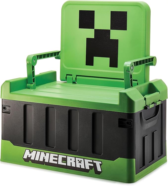 Numskull Minecraft 2-in-1 Toy Storage Box &amp Folding Chair - Gaming Accessory Organizer with lid and handles for Family Rooms Official Minecraft Merchandise