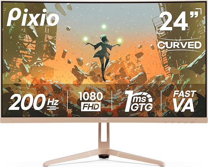 Pixio Two PXC248WAVE Beige 24 inch 200Hz Refresh Rate FHD 1080p Resolution 1500R Curve Fast VA Panel 1ms GTG Response Time HDR Curved Gaming Monitor and PS1D Wave Beige Dual Monitor Arm