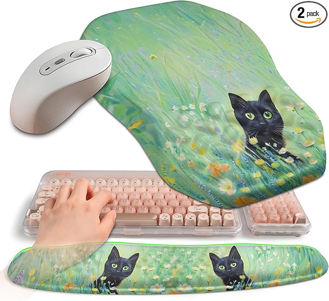 2-in-1 Ergonomic Set Wave Keyboard Wrist Rest and Massage Slope Mouse Pad Wrist Support Rebound Memory Foam for Relieve Carpal Tunnel Syndrome and Wrist Pain (Oil Painting Cats)