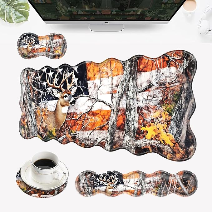 Desk Mat Mouse Pad with Wrist Rest 4-in-1 Large Mouse Pads for Desk Ergonomic Mouse Pad and Keyboard Wrist Rest Gaming Keyboard Mat for OfficeDeer Tree Forest American Flag