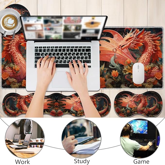 4 in 1 Mouse Pad Combo Large Gaming Mouse Pad + Keyboard Wrist Support + Mouse Wrist Rest + Coaster Table Pad with Stitched Edge Ergonomic Wrist Pad Set Dragon